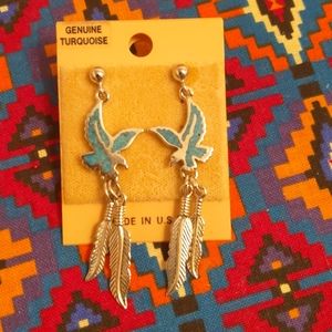 Silver and turquoise bird earrings